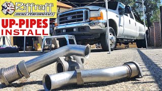 2001 F350 73  RiffRaff UpPipes Install  Stock up pipes leaking and falling apart JUNK SP [upl. by Anillek778]