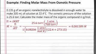 CHEM 201 Finding Molar Mass from Osmotic Pressure [upl. by Charley]